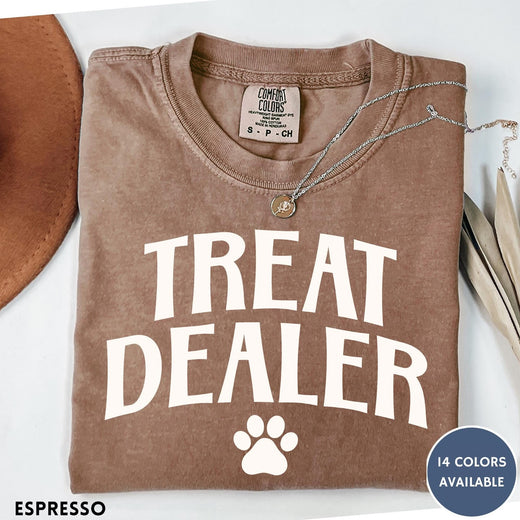 Comfort Colors tee in Espresso featuring dog owner design with Treat Dealer text and a paw print