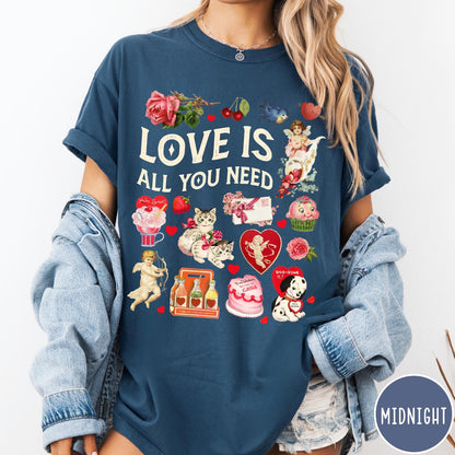Comfort Colors tee in Midnight featuring Valentine's Day collage with kittens, cherubs, roses, and vintage graphic elements