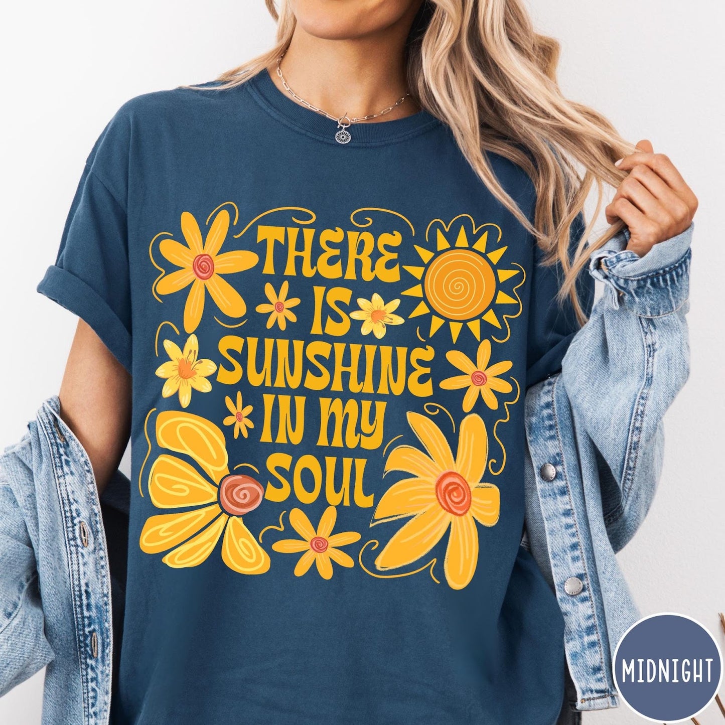 Comfort Colors tee in Midnight featuring inspirational quote design with yellow flowers and a sun graphic