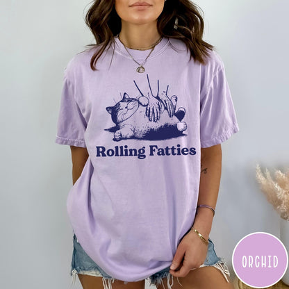 Comfort Colors tee in Orchid featuring illustration style graphic of a chubby cat getting a belly rub