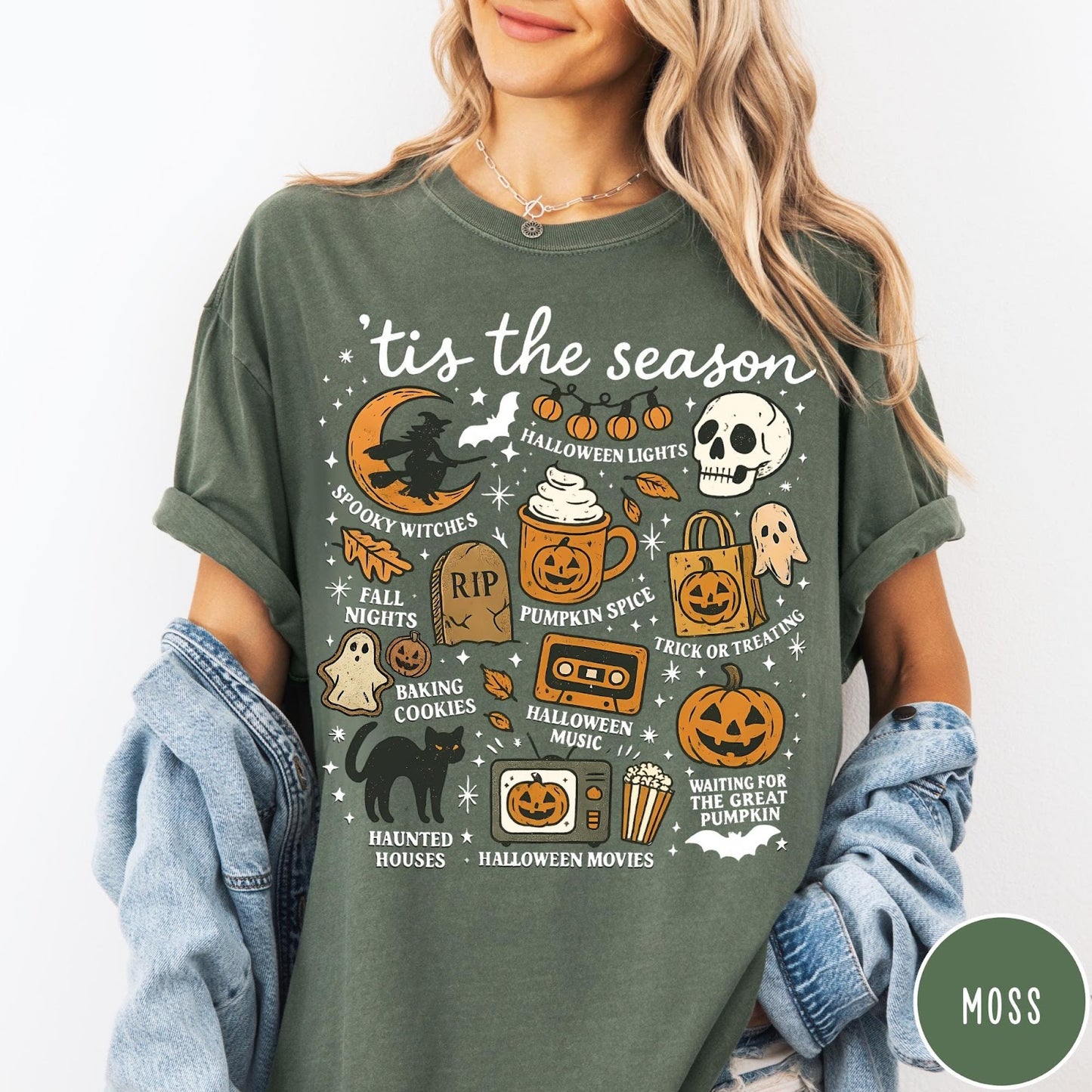 Comfort Colors tee in Moss featuring Halloween icons collage with witch, skull, pumpkin, and spooky fall graphics