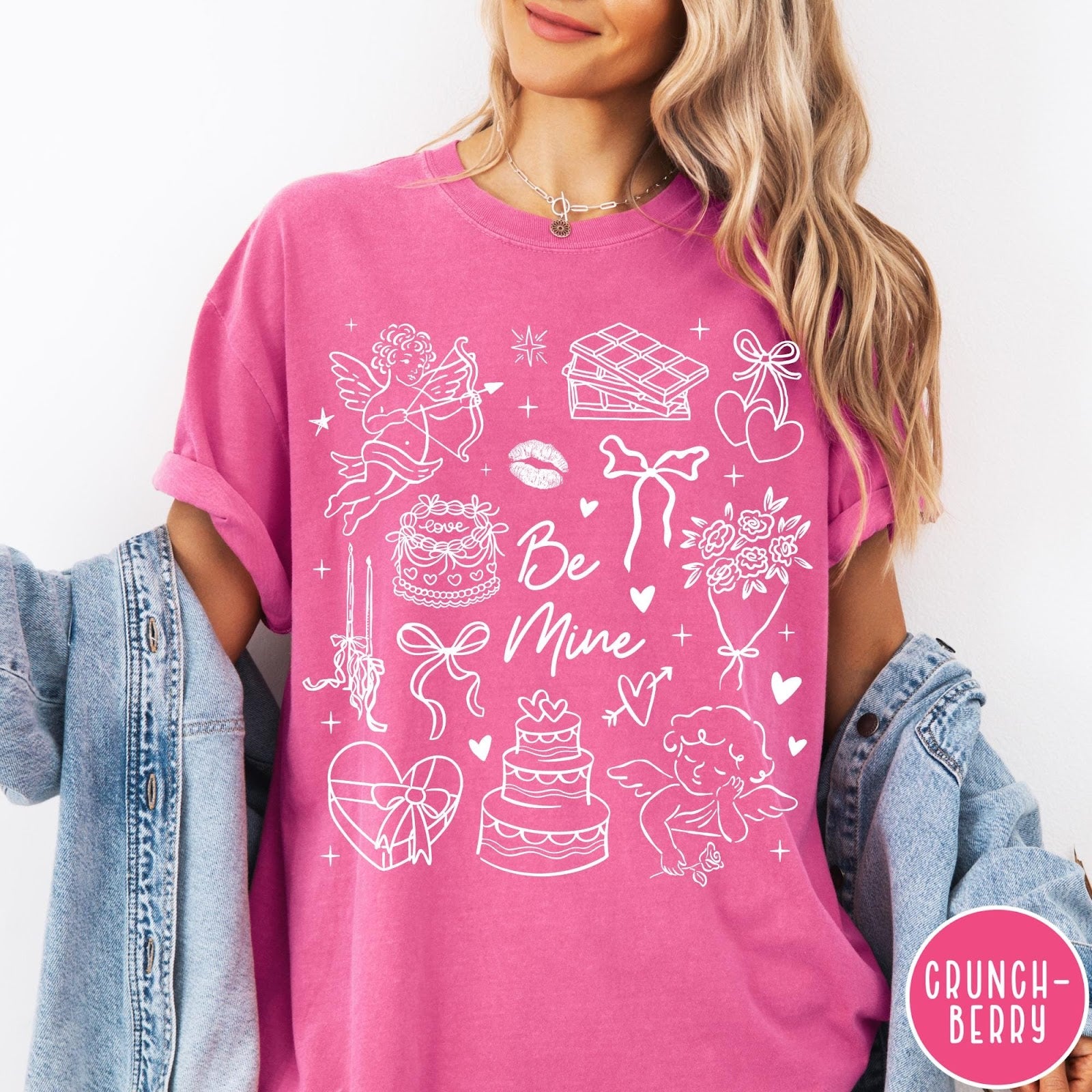 Comfort Colors tee in Crunchberry featuring Valentine's Day collage design with cupid, cake, flowers, and chocolate graphics