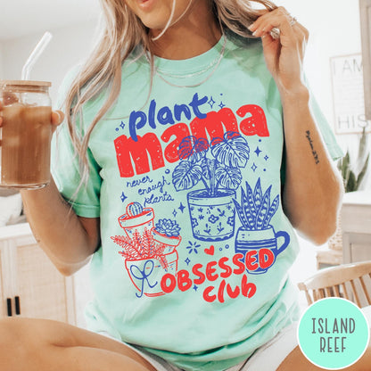 Comfort Colors tee in Island Reef featuring retro style graphic with potted plants and Plant Mama Obsessed Club text