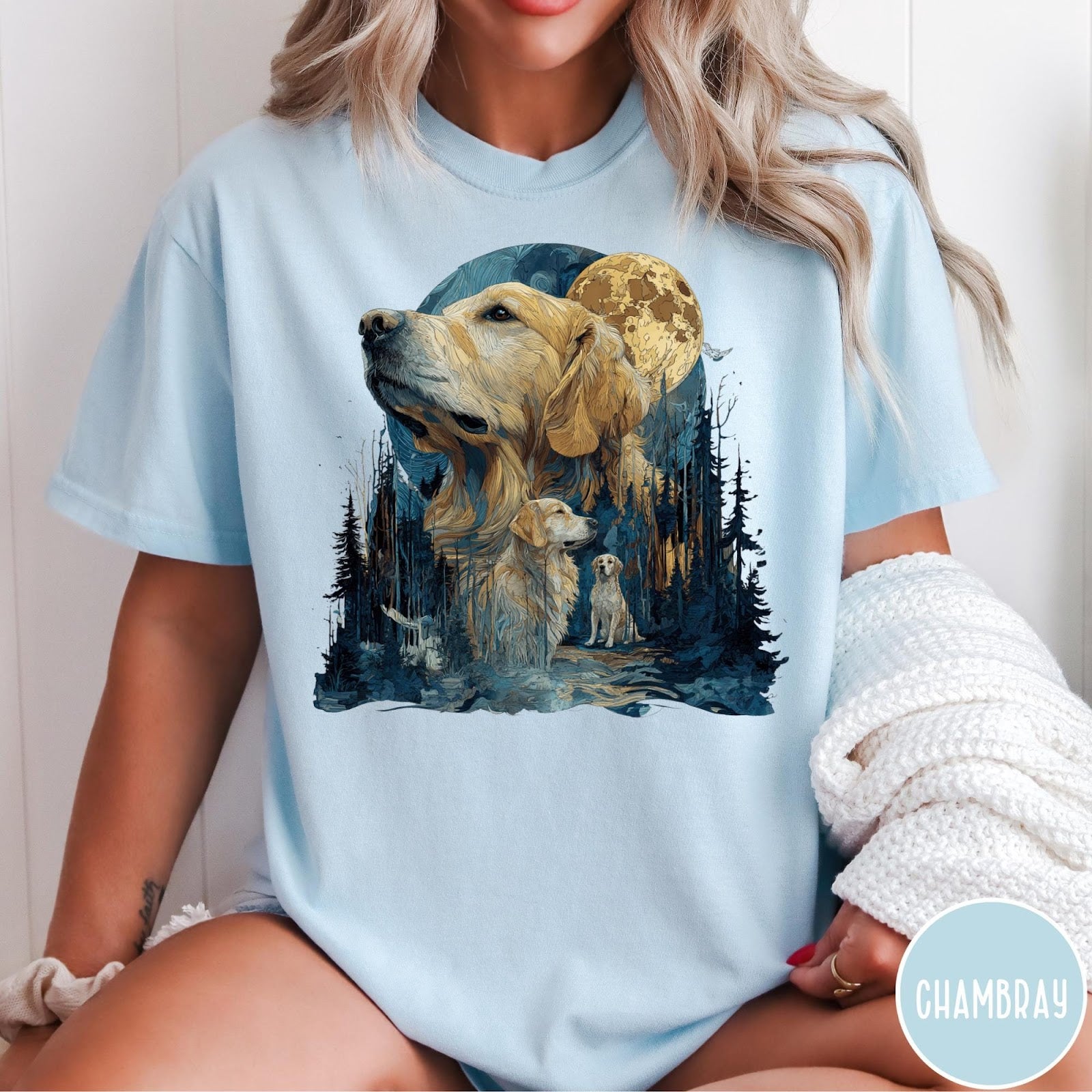 Comfort Colors tee in Chambray featuring artistic graphic design of Golden Retrievers in a moonlit forest scene