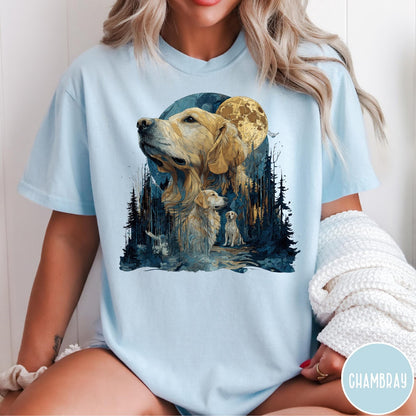 Comfort Colors tee in Chambray featuring artistic graphic design of Golden Retrievers in a moonlit forest scene