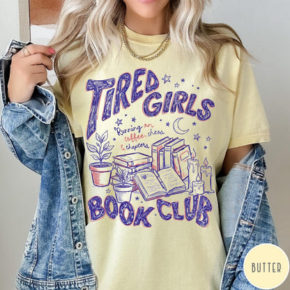 Comfort Colors tee in Butter featuring book club design with stacks of books, plants, and candles.