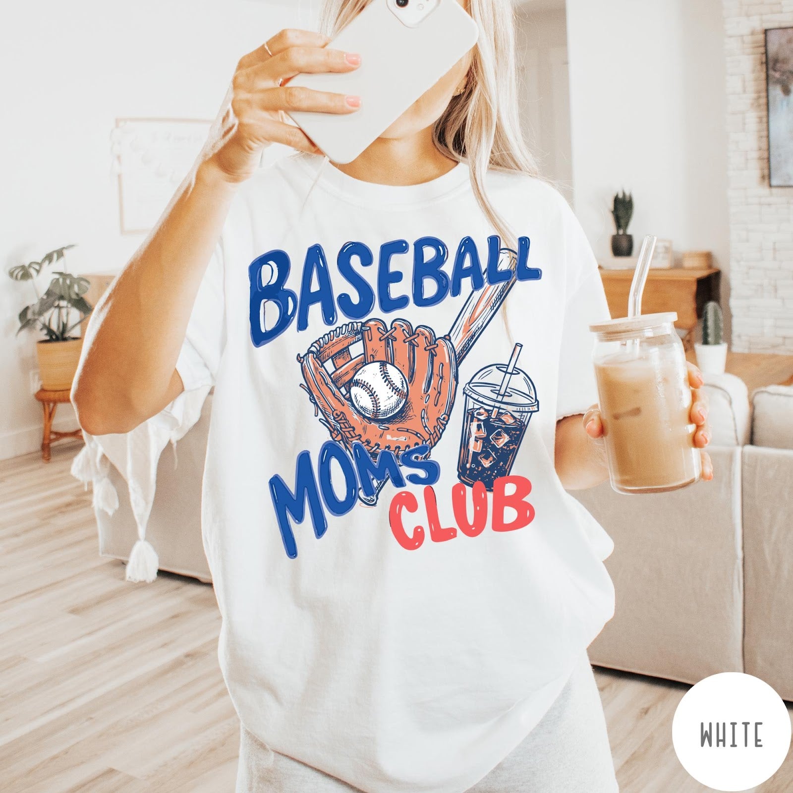 Comfort Colors tee in White featuring baseball mom graphic with glove, ball, bat, and iced coffee