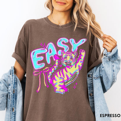 Comfort Colors tee in Espresso featuring retro style graphic of a tiger with blue and orange colors