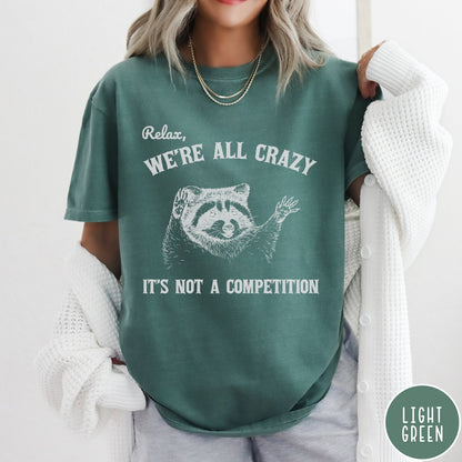 Comfort Colors tee in Light Green featuring screen print style graphic of a raccoon with text Relax We Are All Crazy