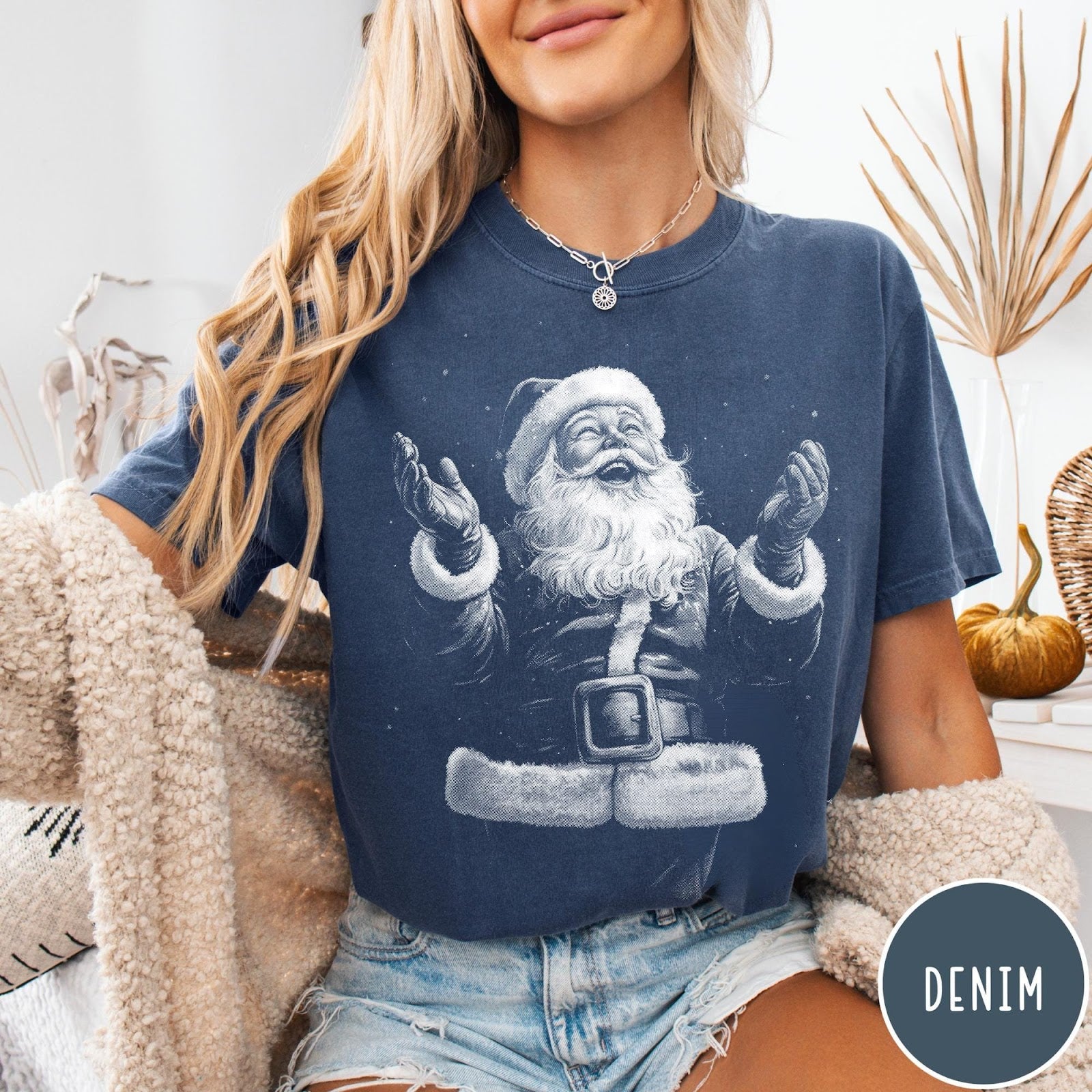 Comfort Colors tee in Denim featuring vintage style graphic of a laughing Santa Claus with open arms