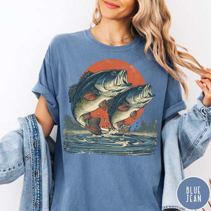 Comfort Colors tee in Blue Jean featuring vintage style graphic of two bass fish jumping out of water