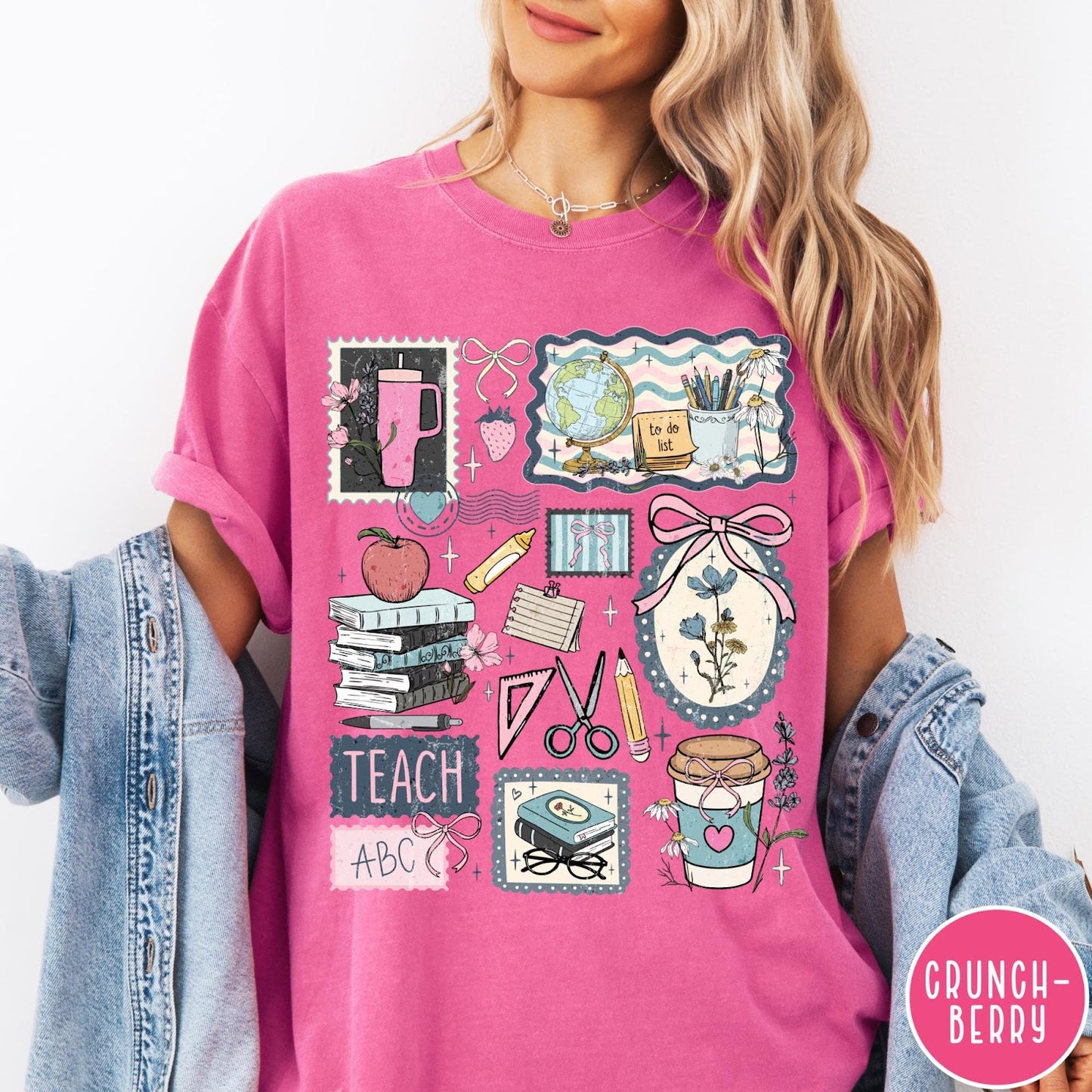 Comfort Colors tee in Crunch-Berry featuring collage style graphic with school supplies, books, and teacher life elements