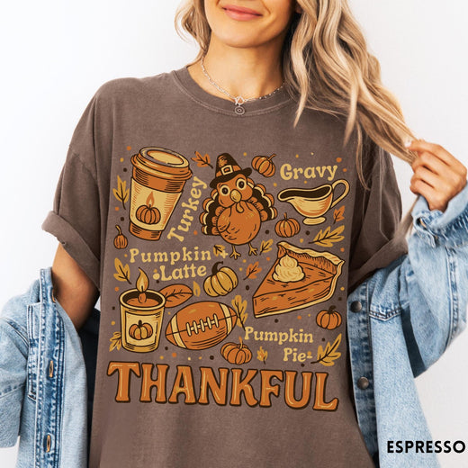 Comfort Colors tee in Espresso featuring retro Thanksgiving dinner items including turkey, pumpkin latte, and pumpkin pie graphic