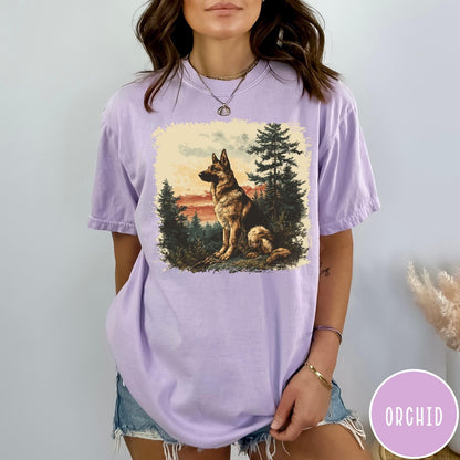 Comfort Colors tee in Orchid featuring vintage style graphic of a German Shepherd sitting in a forest