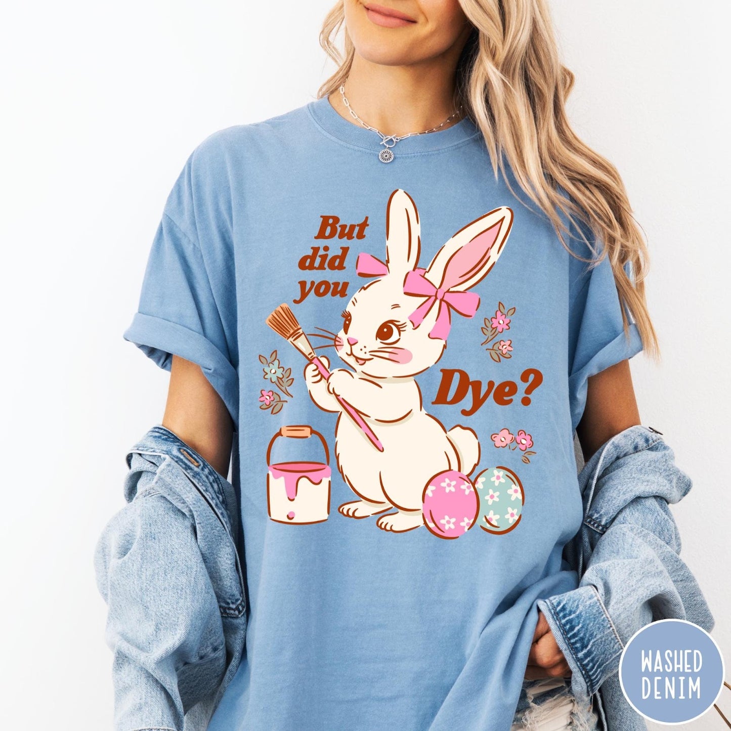 Comfort Colors tee in Washed Denim featuring cute Easter bunny graphic with paintbrush and painted Easter eggs.