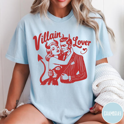Comfort Colors tee in Chambray featuring vintage style graphic of a devilish couple embracing with red ink
