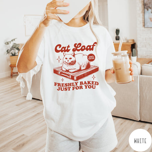 Comfort Colors tee in White featuring graphic style cat loaf sitting on a wooden cutting board