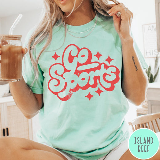 Comfort Colors tee in Island Reef featuring retro sports style graphic with Go Sports text and star accents