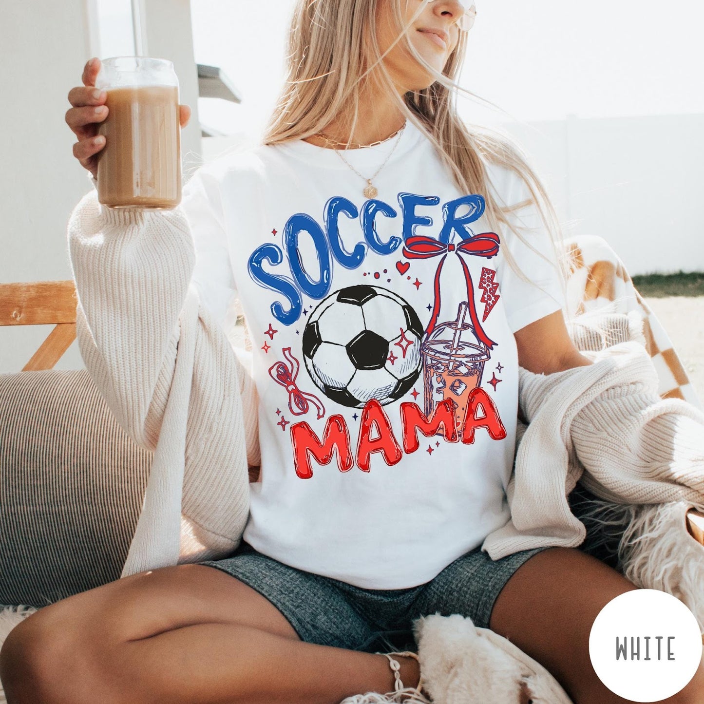 Comfort Colors tee in White featuring soccer graphic with a soccer ball, iced coffee, and red bow
