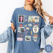 Comfort Colors tee in Blue Jean featuring collage style graphic with school supplies and teacher life themed illustrations