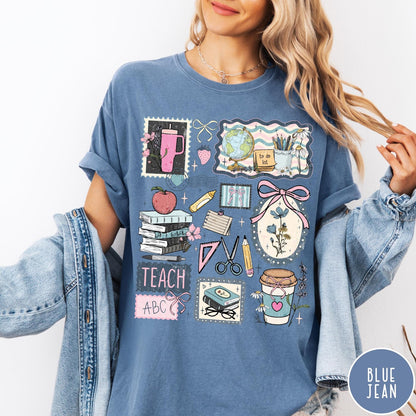 Comfort Colors tee in Blue Jean featuring collage style graphic with school supplies and teacher life themed illustrations