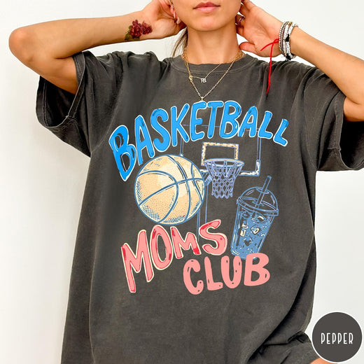 Comfort Colors tee in Pepper featuring basketball mom life graphic with basketball, hoop, and iced coffee drink