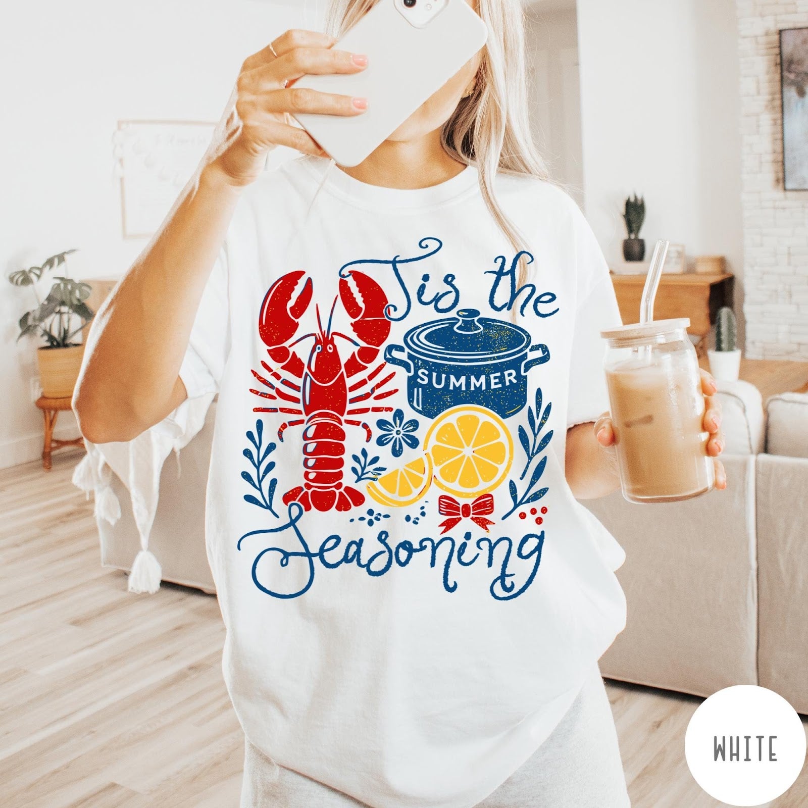 Comfort Colors tee in White featuring lobster boil graphic with lobster, pot, and lemon slices