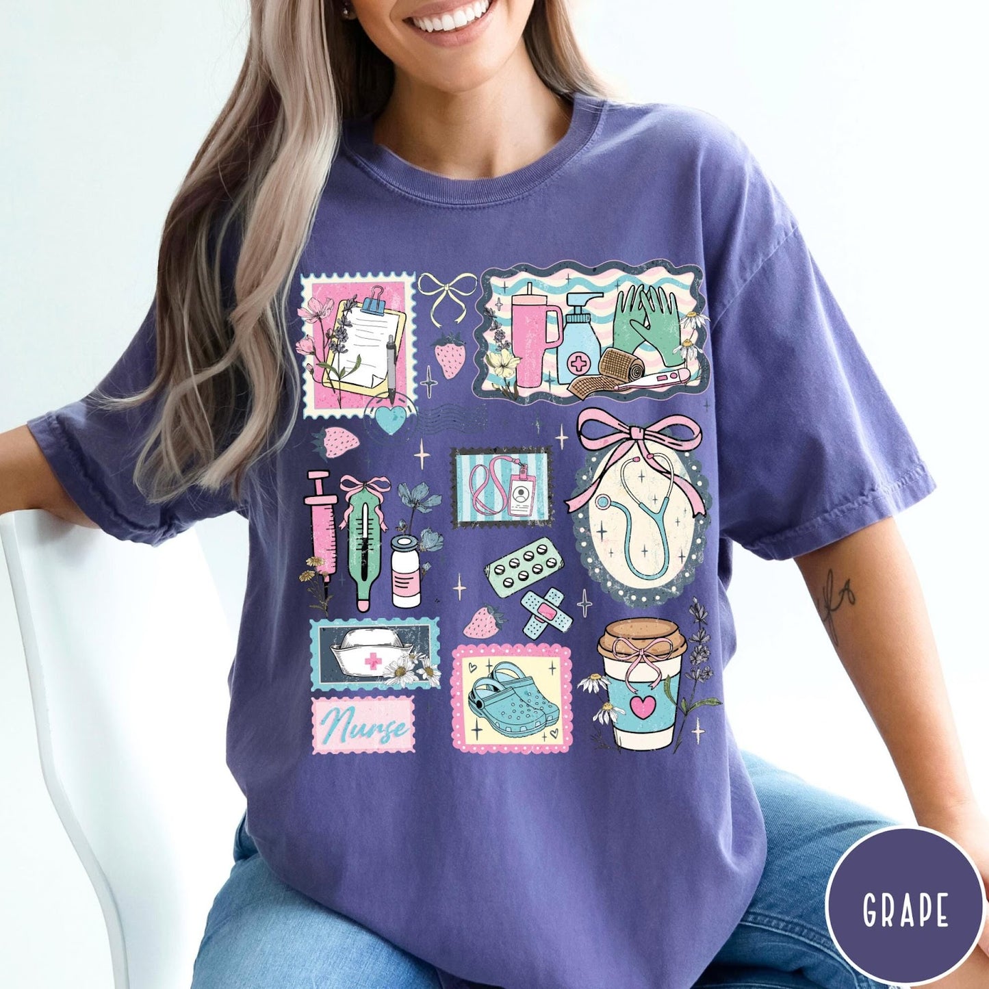 Comfort Colors tee in Grape featuring collage style nursing profession graphic with medical supplies and floral accents