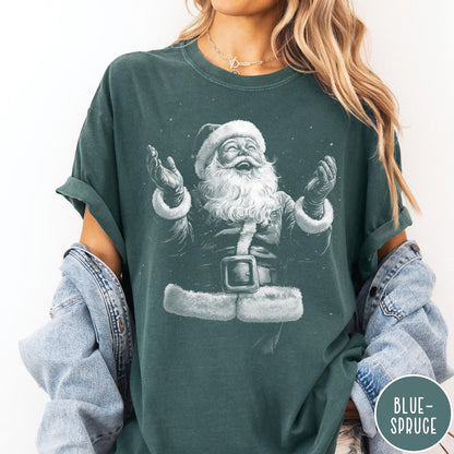 Comfort Colors tee in Blue Spruce featuring vintage style graphic of a joyful Santa Claus with open arms
