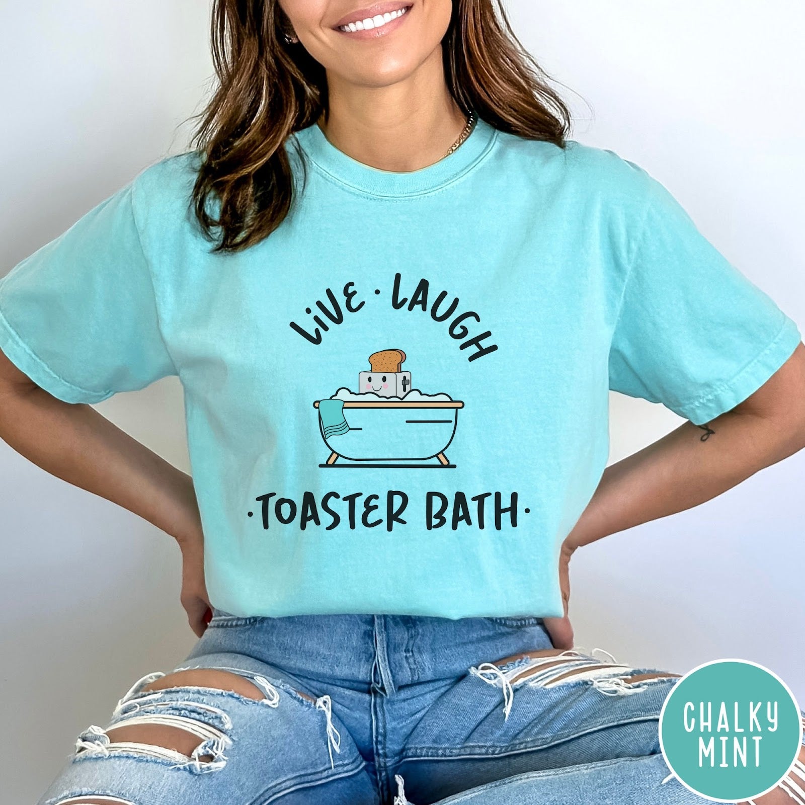 Comfort Colors tee in Chalky Mint featuring cute graphic style of a smiling toaster sitting in a bathtub