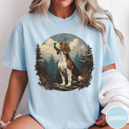 Comfort Colors tee in Chambray featuring vintage style graphic of a beagle sitting in a forest