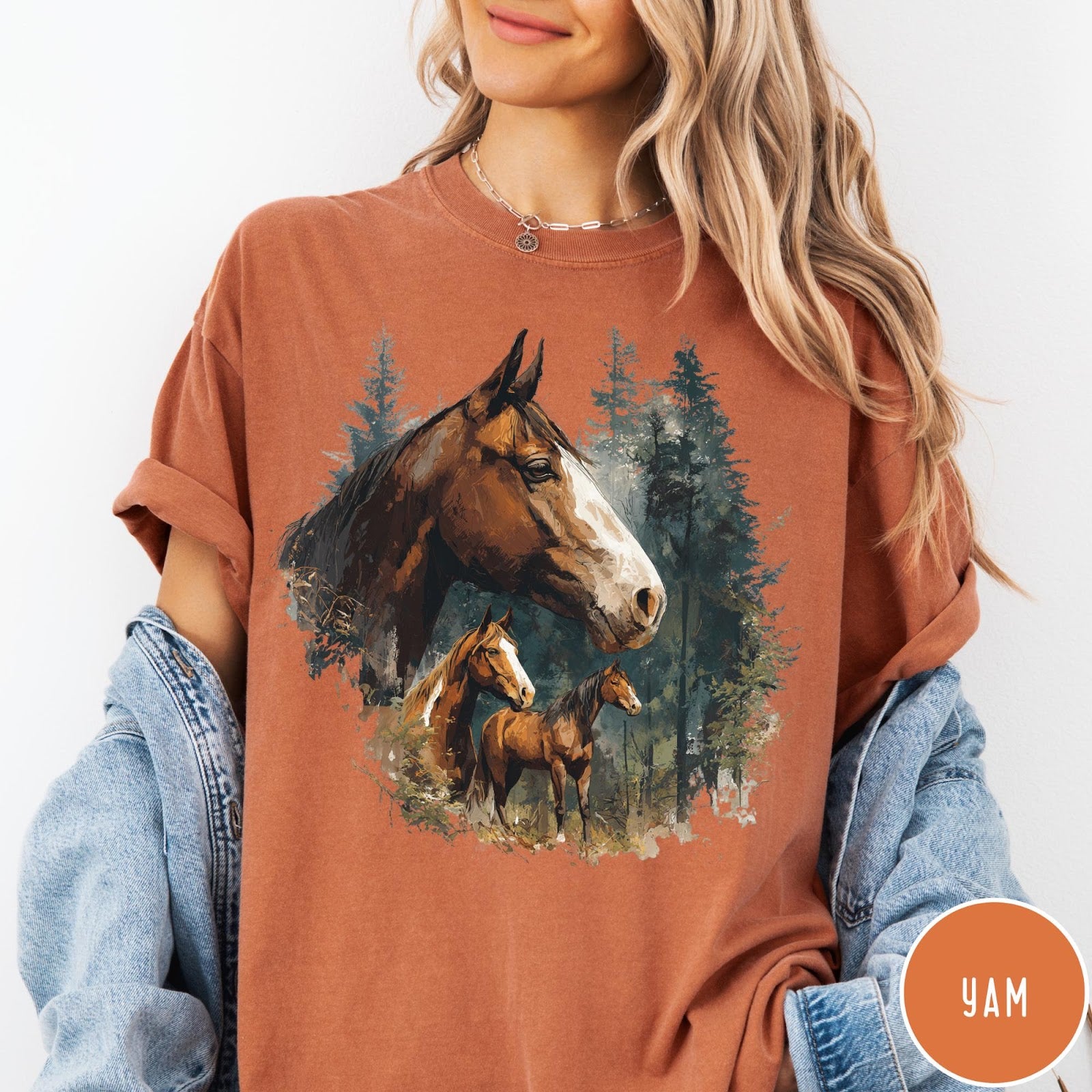 Comfort Colors tee in Yam featuring vintage style graphic of three horses standing in a pine forest