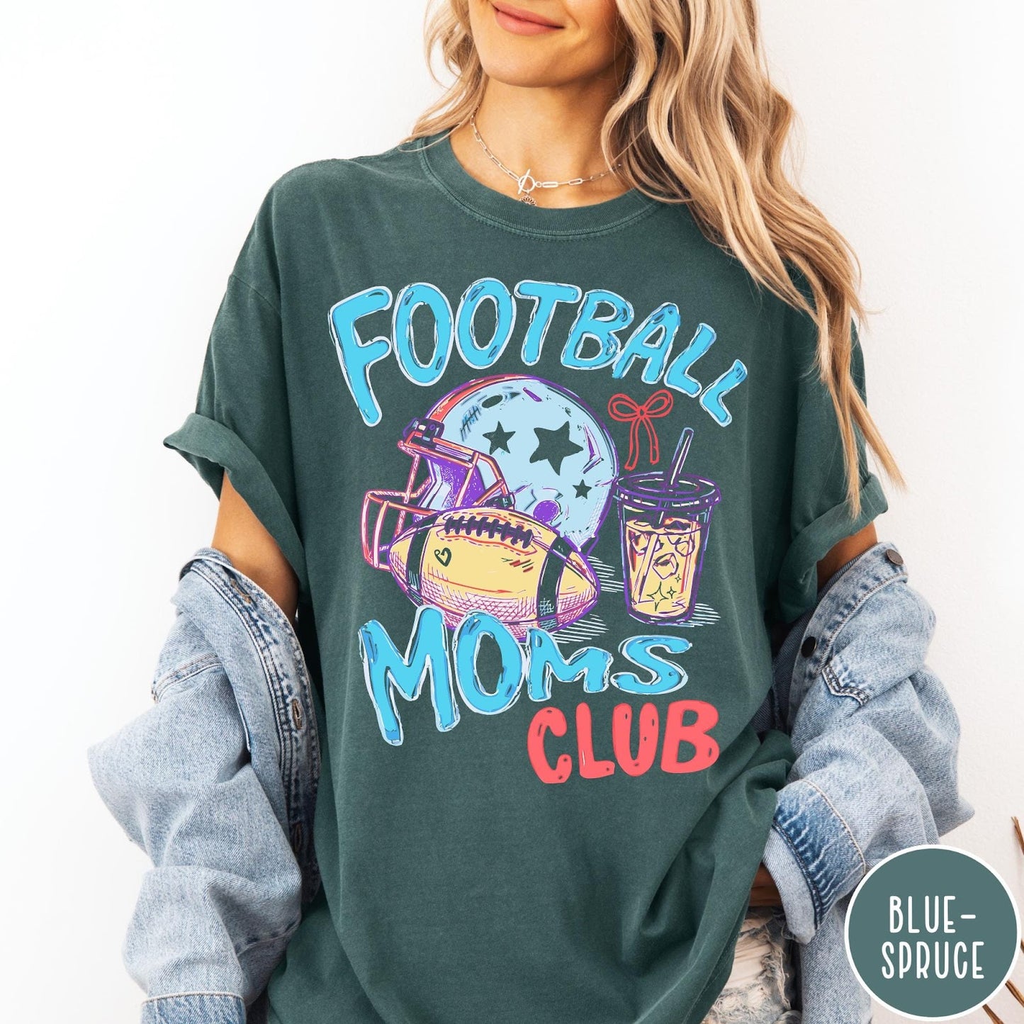 Comfort Colors tee in Blue Spruce featuring football mom lifestyle graphic with helmet, football, and iced coffee