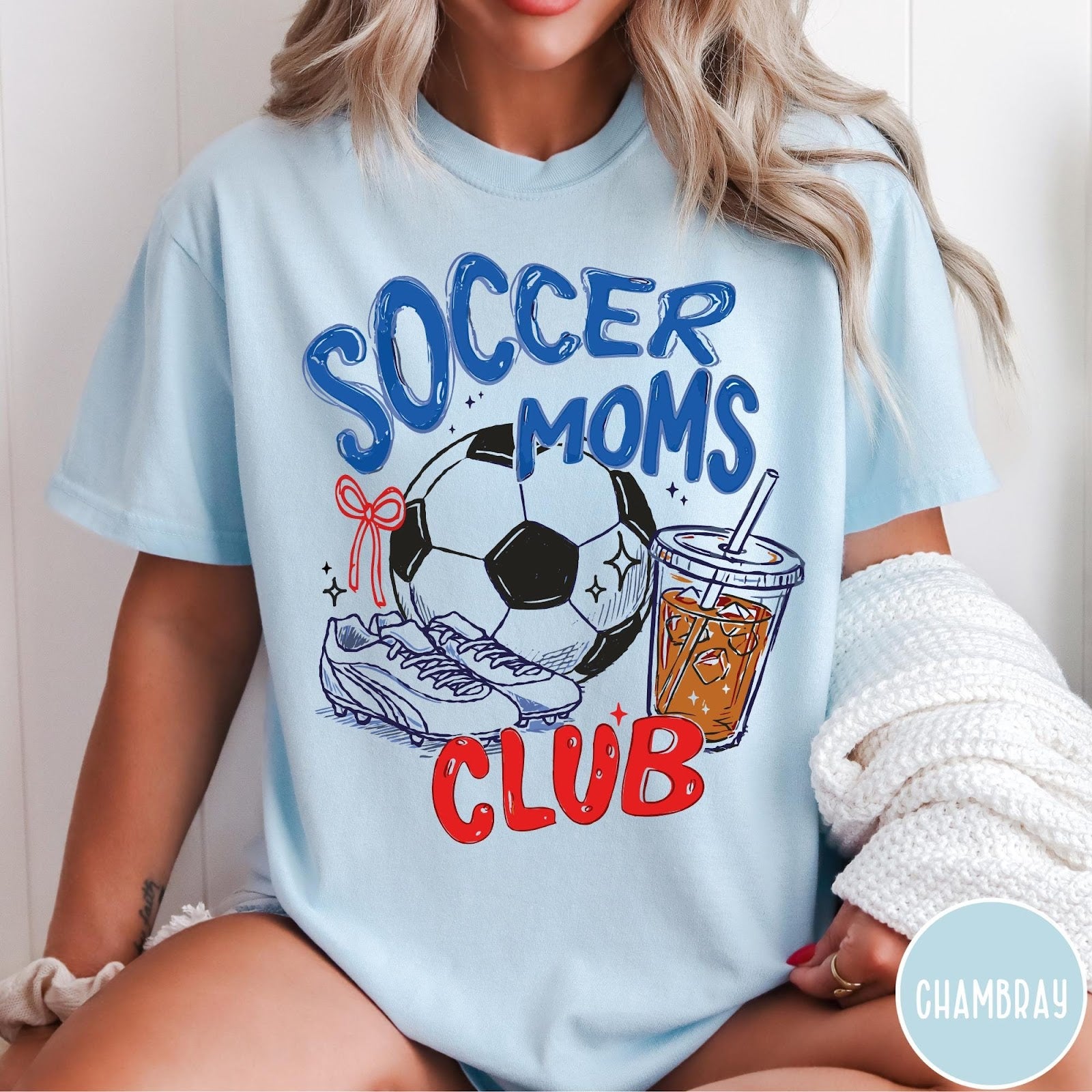 Comfort Colors tee in Chambray featuring soccer mom lifestyle graphic with soccer ball, cleats, and iced coffee
