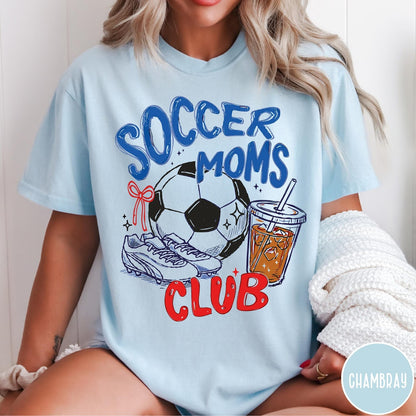 Comfort Colors tee in Chambray featuring soccer mom lifestyle graphic with soccer ball, cleats, and iced coffee