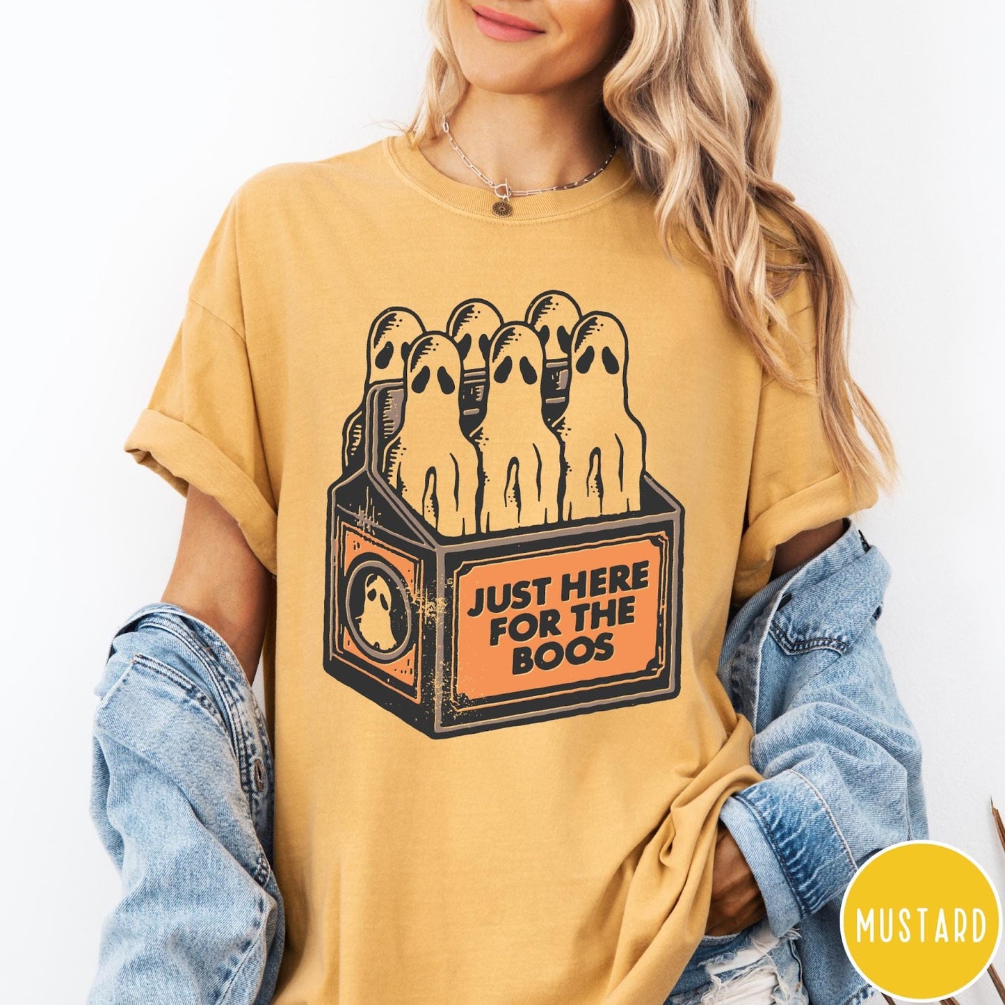 Comfort Colors tee in Mustard featuring vintage style graphic of ghosts in a milk carton crate