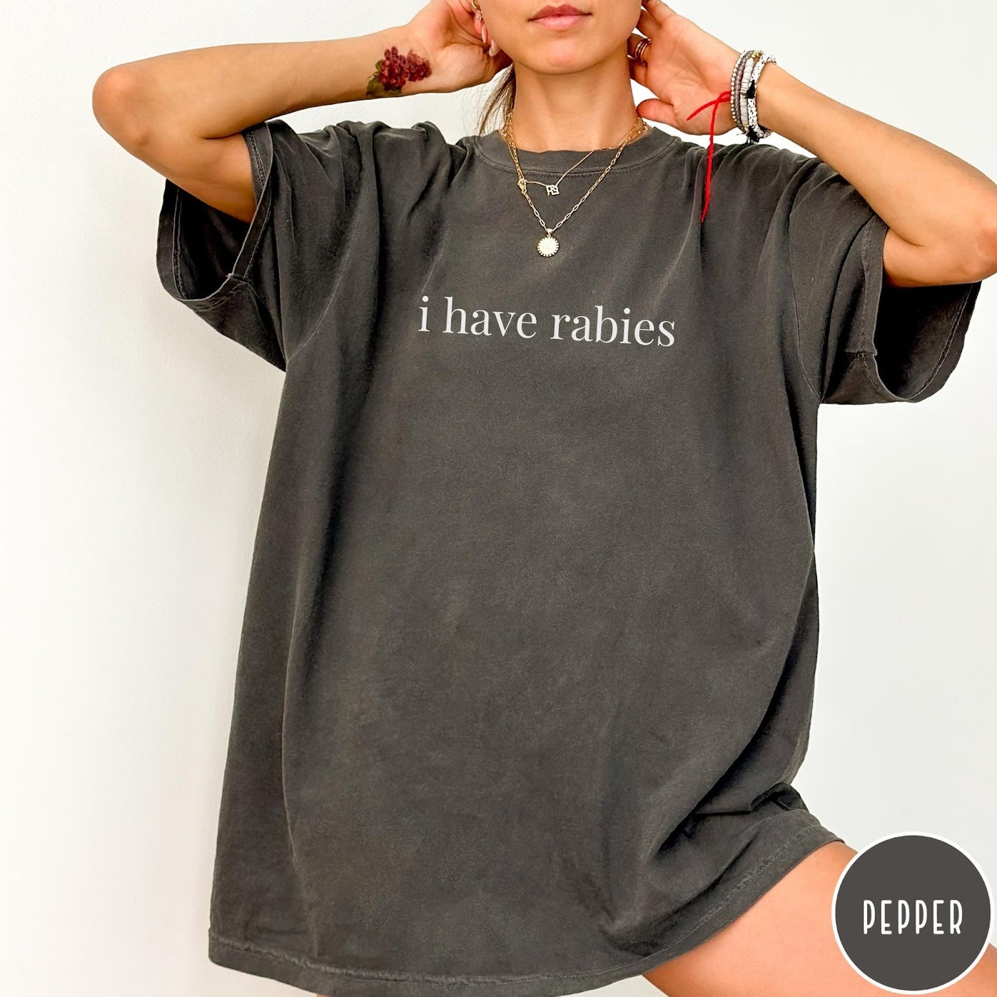 Comfort Colors tee in Pepper featuring sarcastic statement graphic text that reads i have rabies