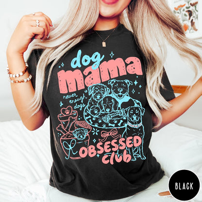 Comfort Colors tee in Black featuring dog mom design with multiple dogs and pink blue graphic