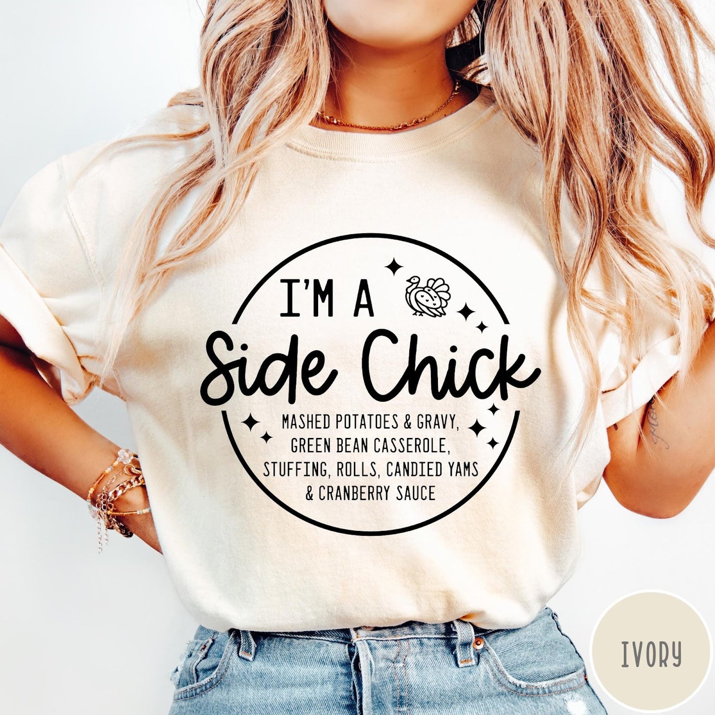 Comfort Colors tee in Ivory featuring circular Thanksgiving side dish graphic with turkey and food list