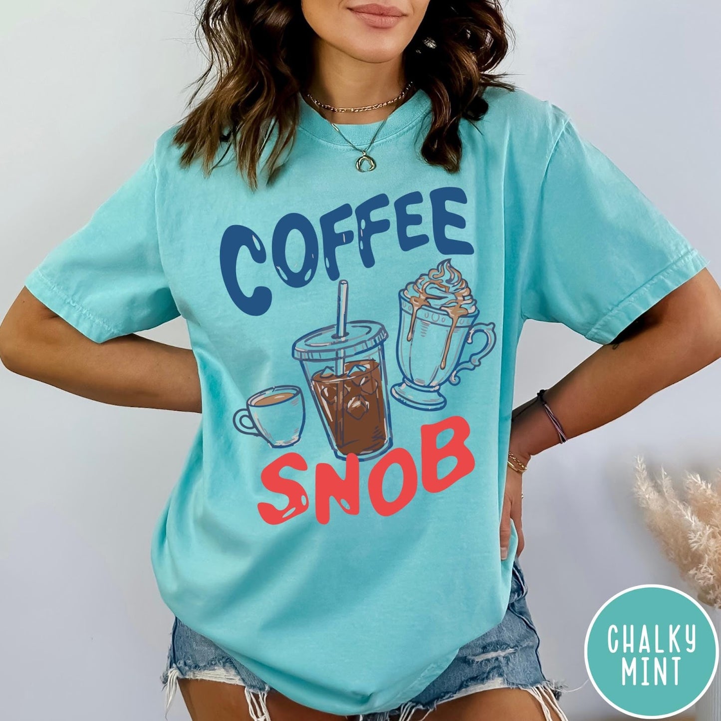 Comfort Colors tee in Chalky Mint featuring illustrated coffee graphic with iced coffee, hot coffee, and whipped cream.