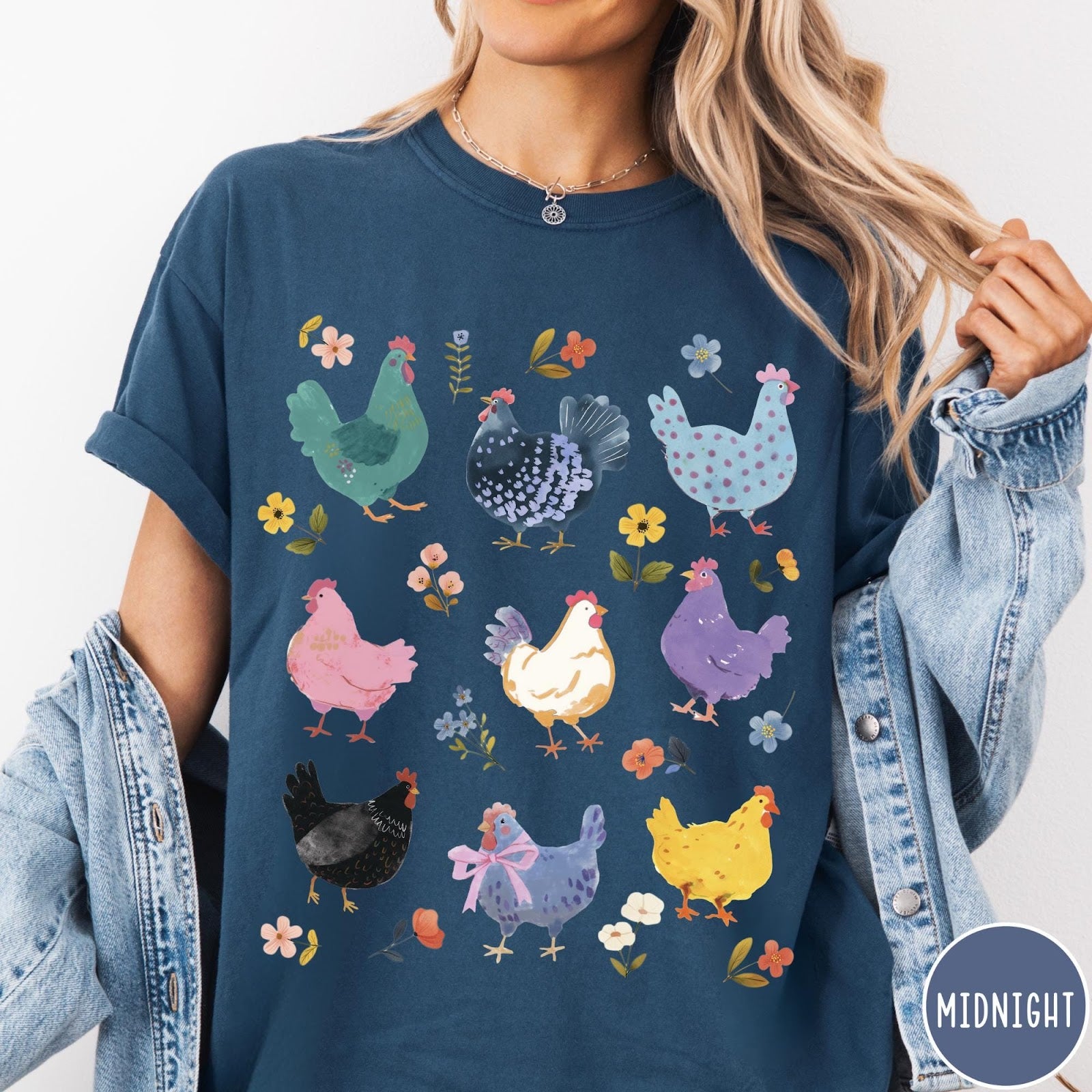 Comfort Colors tee in Midnight featuring vintage style graphic with various colorful chickens and small floral accents