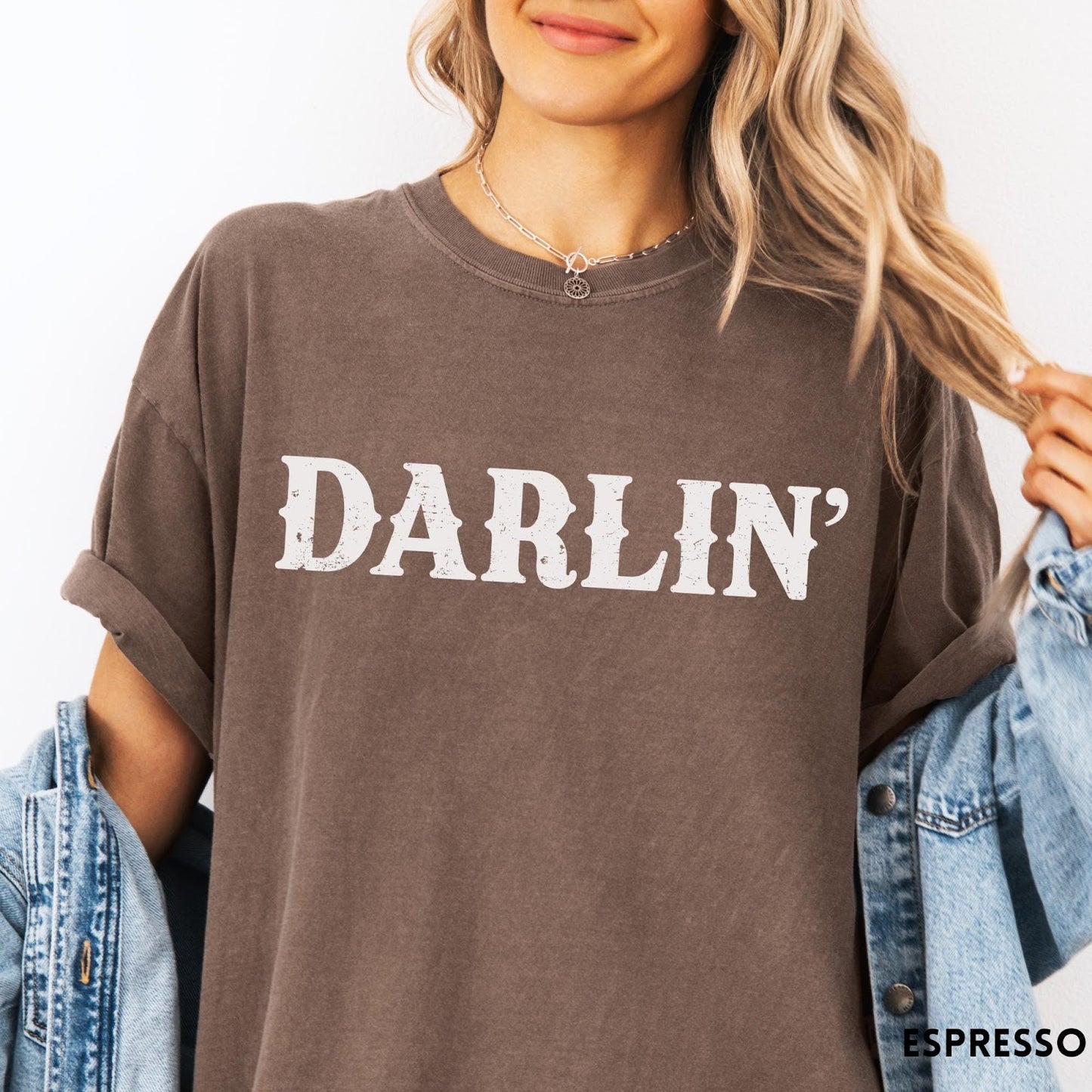 Comfort Colors tee in Espresso featuring western typography with the word Darlin' in a distressed white font