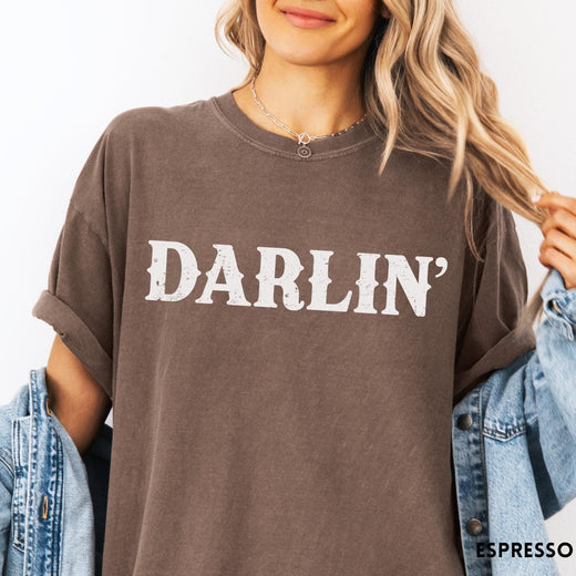 Comfort Colors tee in Espresso featuring western typography with the word Darlin' in a distressed white font