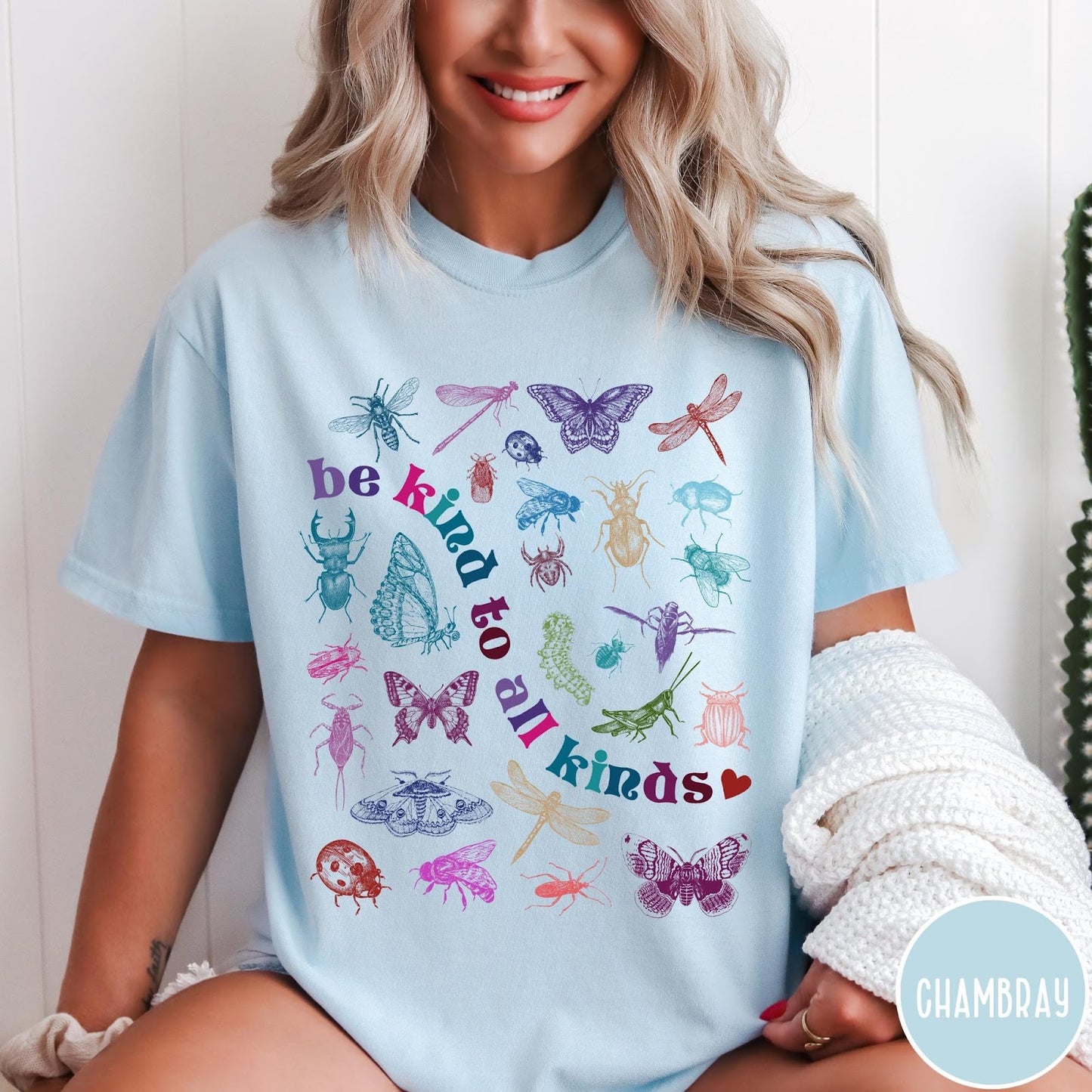Comfort Colors tee in Chambray featuring insect and butterfly graphic with text be kind to all kinds