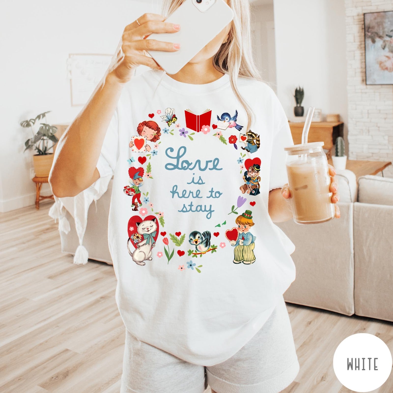 Comfort Colors tee in White featuring vintage Valentine's collage with cute animals, flowers, and romantic text.