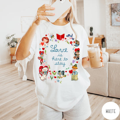 Comfort Colors tee in White featuring vintage Valentine's collage with cute animals, flowers, and romantic text.