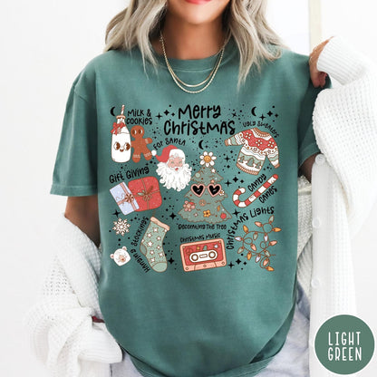 Comfort Colors tee in Light Green featuring retro holiday graphic with Santa, Christmas tree, and festive icons