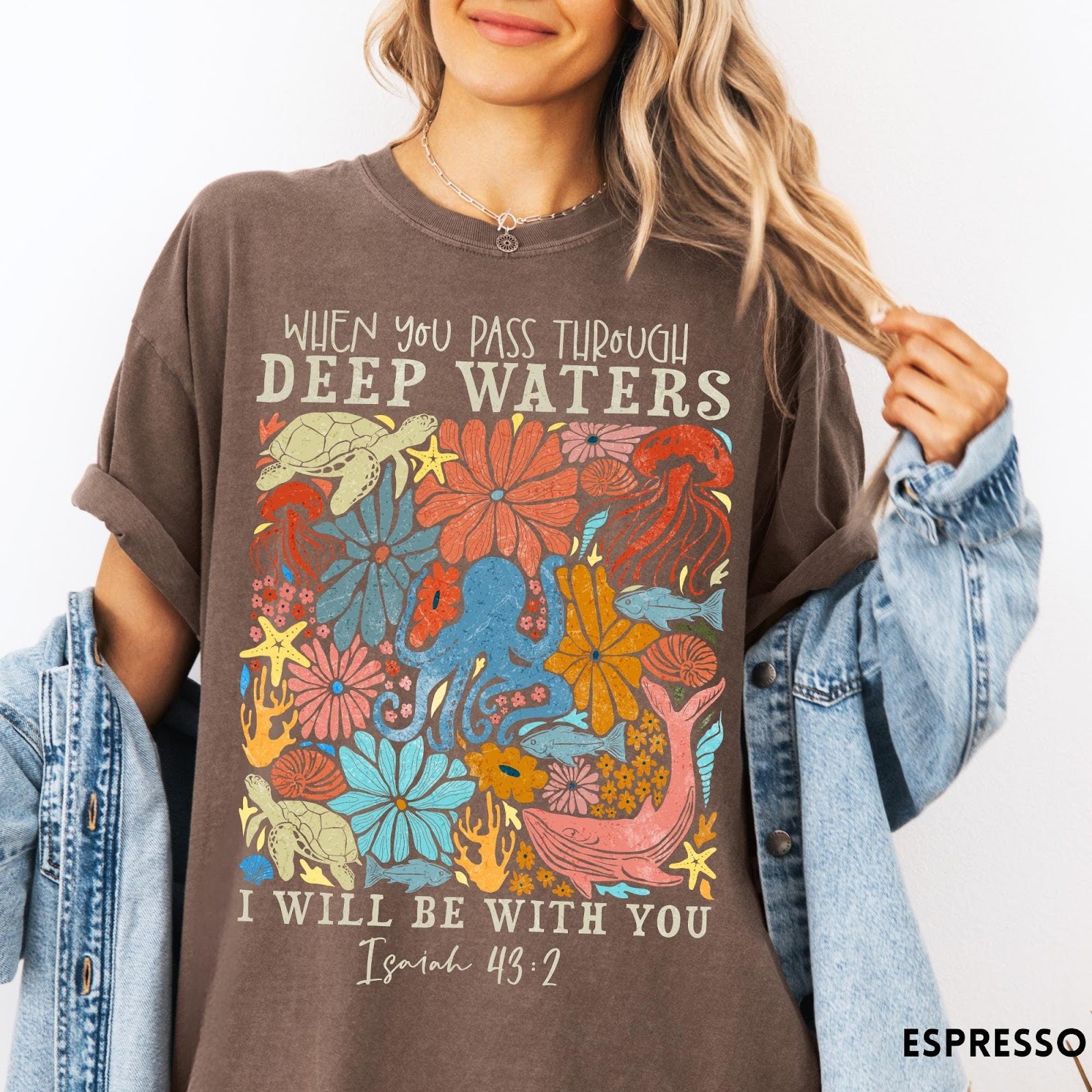 Comfort Colors tee in Espresso featuring artistic marine life graphic with Isaiah 43:2 Bible verse text