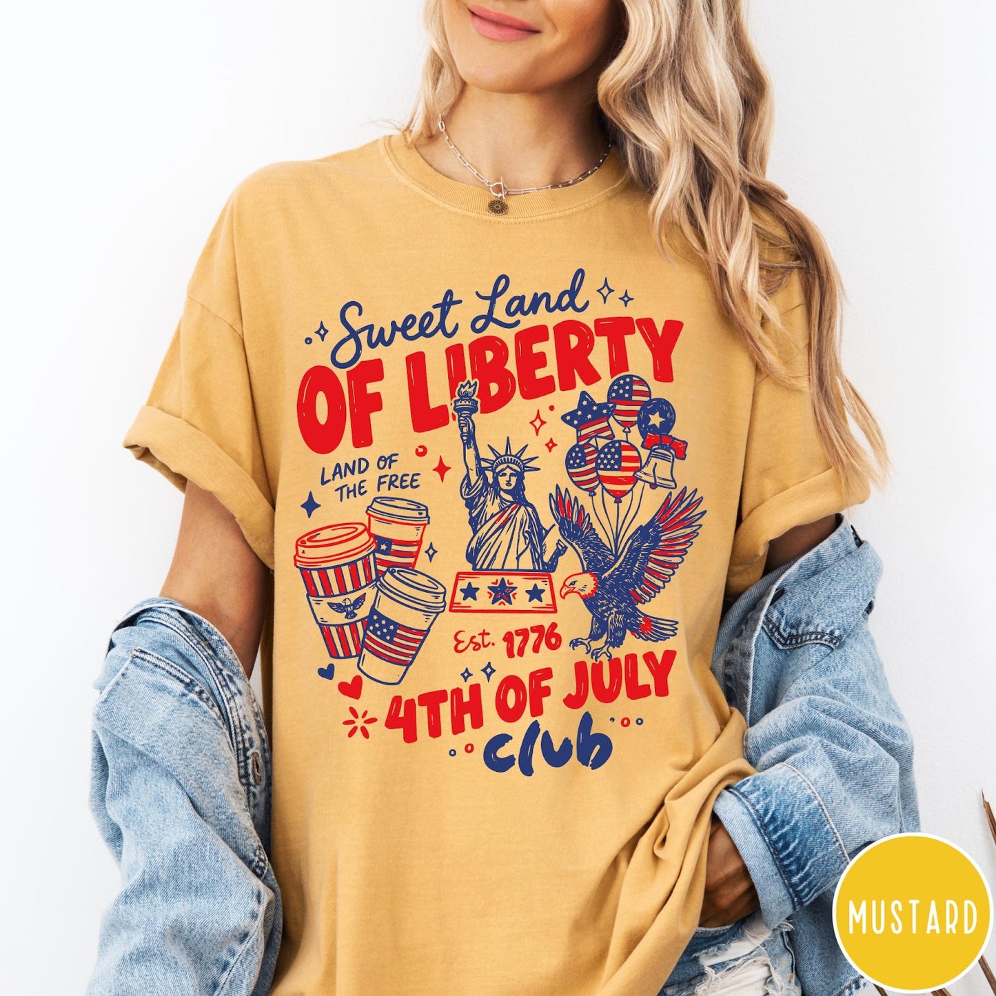 Comfort Colors tee in Mustard featuring patriotic 4th of July graphic with Statue of Liberty and eagle