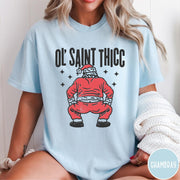 Comfort Colors tee in Chambray featuring festive graphic style Santa Claus doing a dance move with stars